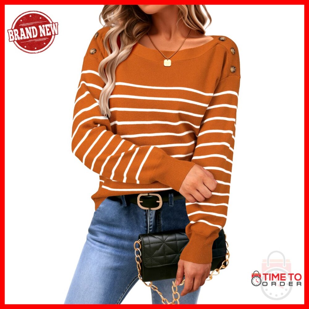 Wool Blend Striped Boat Neck Pullover Sweater Chic Casual Oversized Fall Tops
